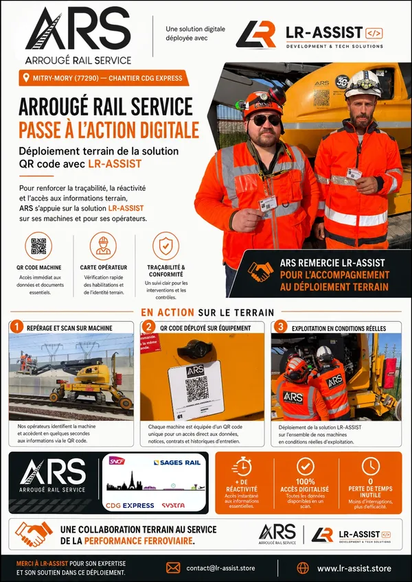 Affiche du déploiement de LR-ASSIST sur le chantier CDG Express à Mitry-Mory : QR code sur les machines et carte opérateur